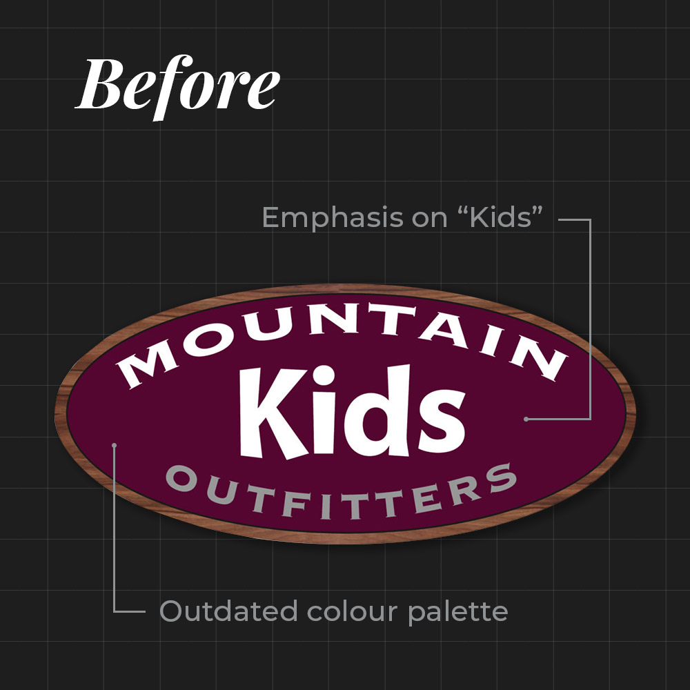 The logo of Mountain Kids Outfitters before redesign. This old logo features the word kids very prominently, and uses colours that look dated and are not eye-catching.