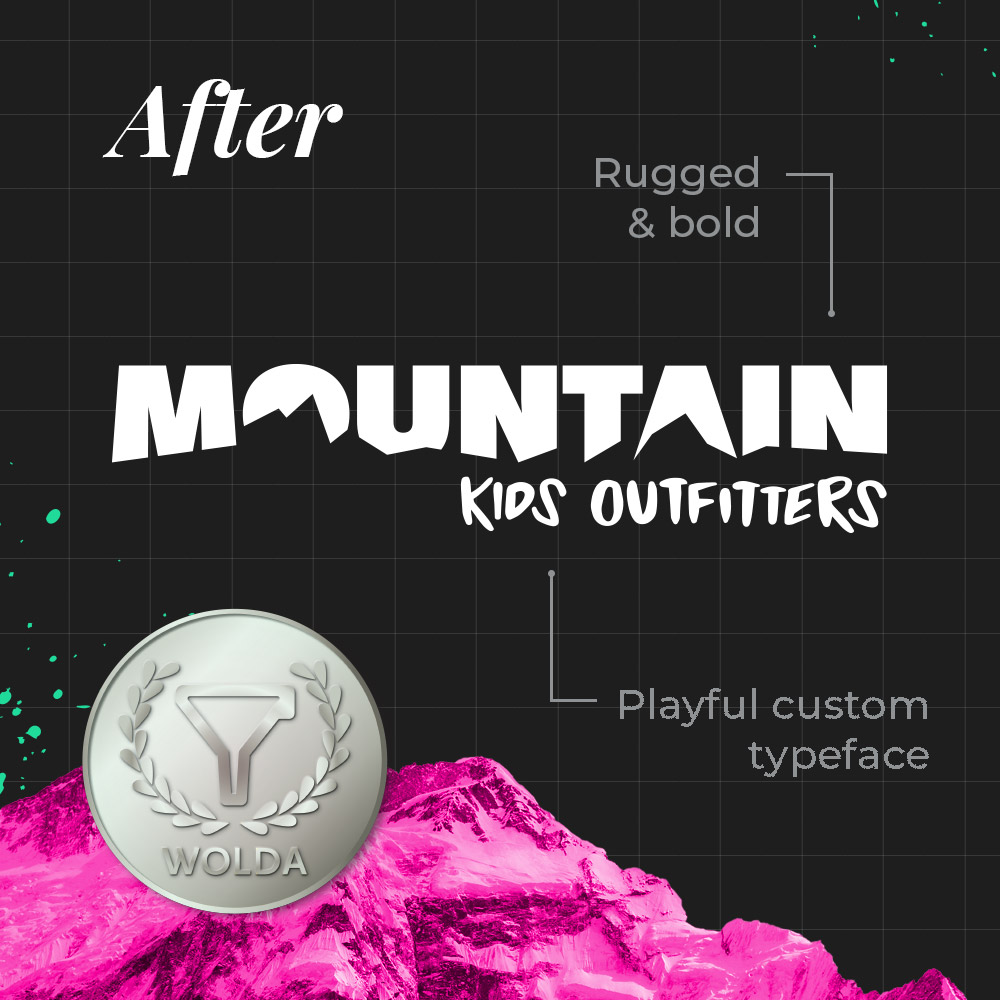 The logo of Mountain Kids Outfitters after redesign. The new logo features a rugged, bold and playful custom typeface. It also incorporates the shape of mountains.