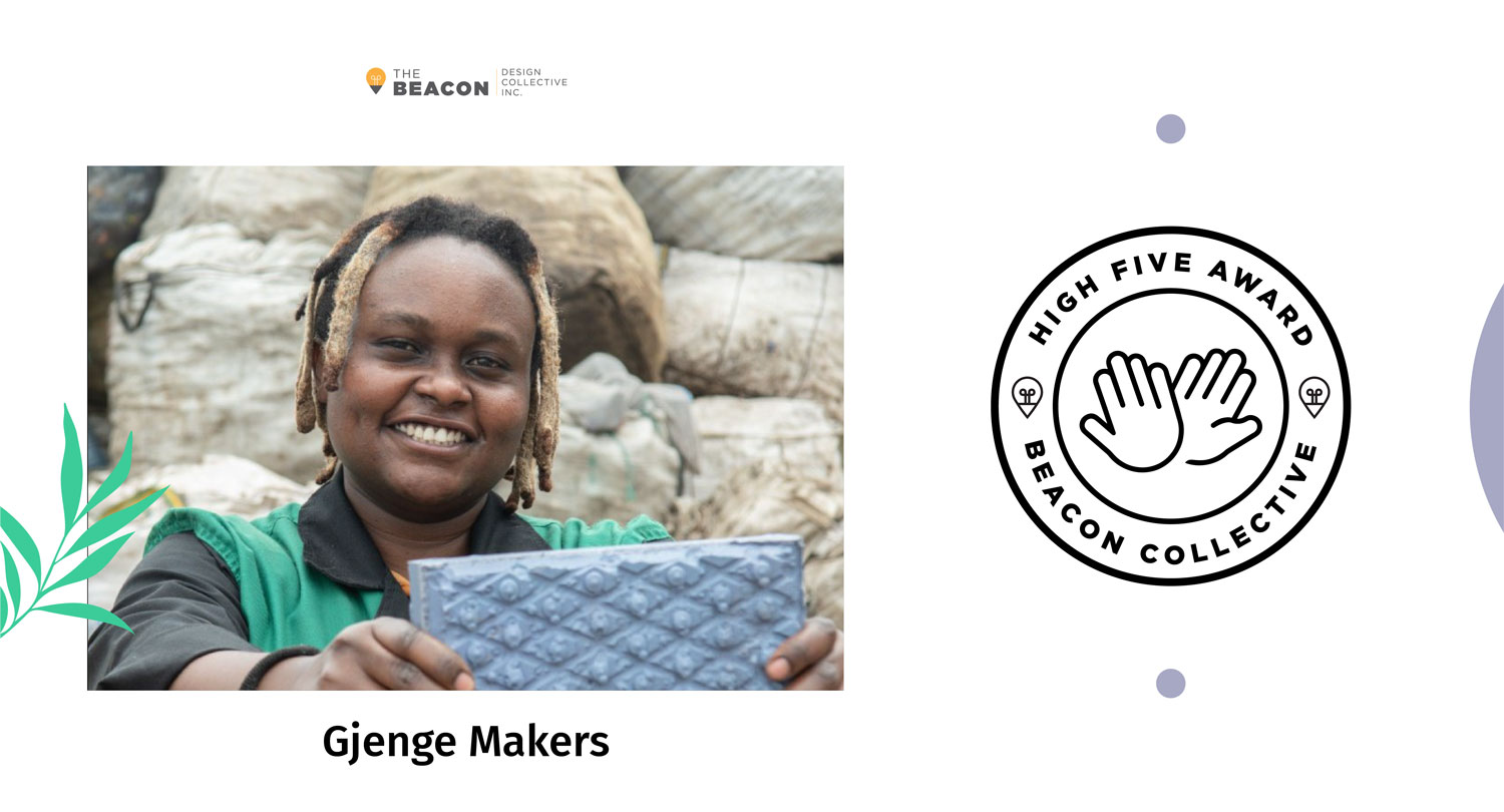 Nzambi Matee, the founder of Gjenge Makers, is smiling and holding up a brick made out of plastic. A Beacon Design Collective high-five badge appears to the right.