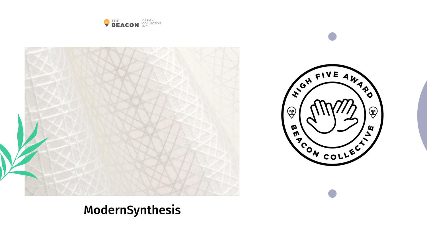 The logo of Modern Synthesis accompanied by the Beacon Design Collective high-five logo, which is awarded to organizations that make a difference.