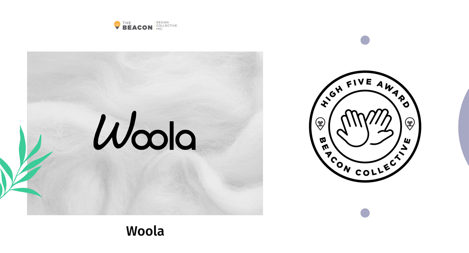 The logo of Woola accompanied by the Beacon Design Collective high-five logo, which is awarded to organizations that make a difference.