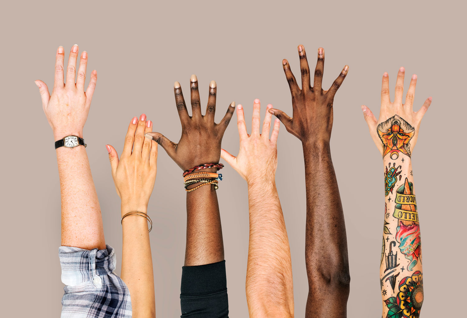 Six hands are raised in the air. They have different skin tones. One is tattooed, and some are wearing bracelets.