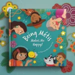 Cover of the book "Being Métis Makes Me Happy!" featuring colorful illustrations of Métis children and elders, traditional symbols like flowers and the Métis sash, and a playful bee. The background includes decorative floral patterns inspired by Métis beadwork.